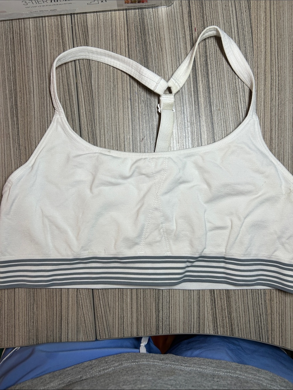 Athleta White Racerback Sports Bra with Gray Striped Band